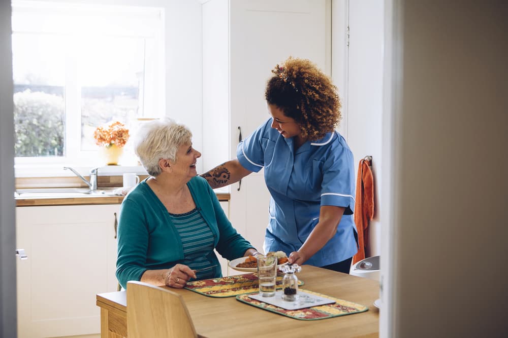 A carer speaking to a lady at a dining table.
