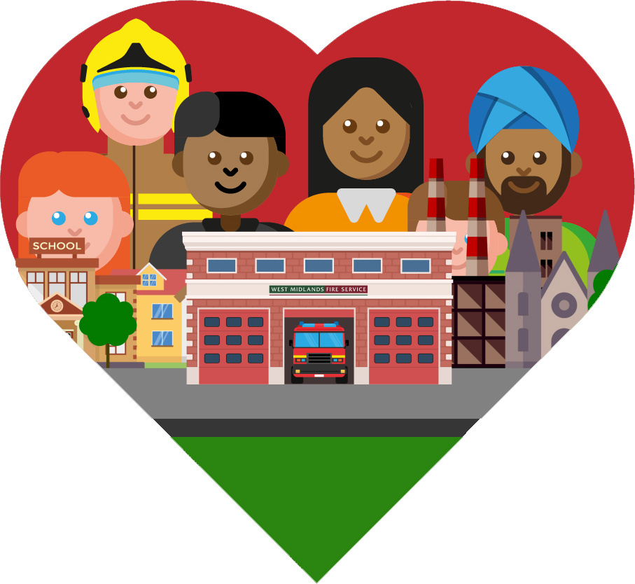 An illustration of a heart with a fire station, buildings and community members inside it