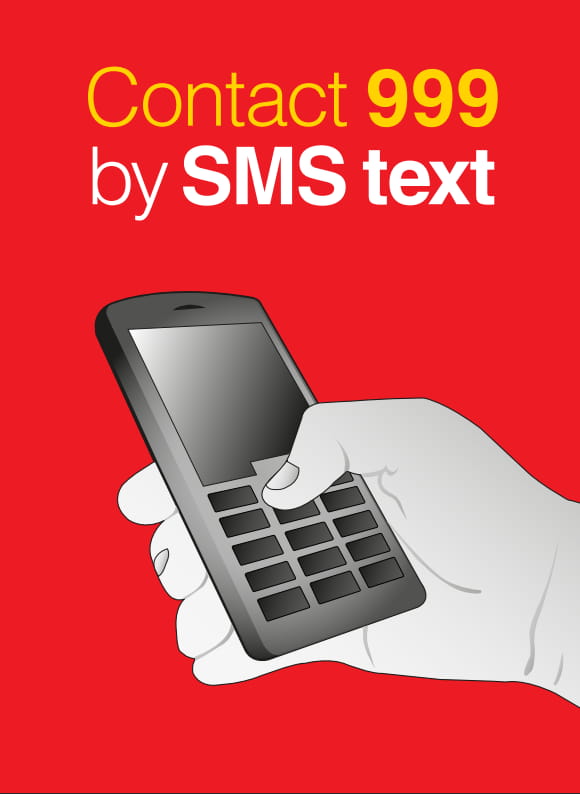 Illustration of a hand holding a phone with 'Contact 999 by SMS text' written above it