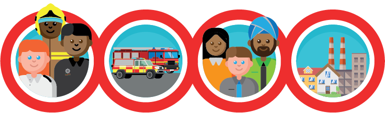 Illustration of 4 circle,s one with our staff, one with a fire engine, one with members of the community and the last with a city scape.