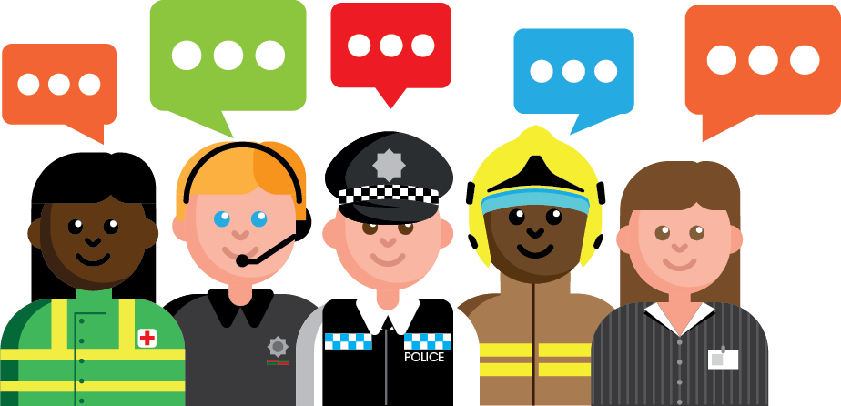 An illustration of a paramedic, fire service staff, police, firefighter and member of the public with speech bubbles above their heads