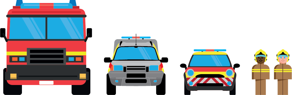 An illustration of a fire engine, brigade response vehicle, business support vehicle and two firefighters