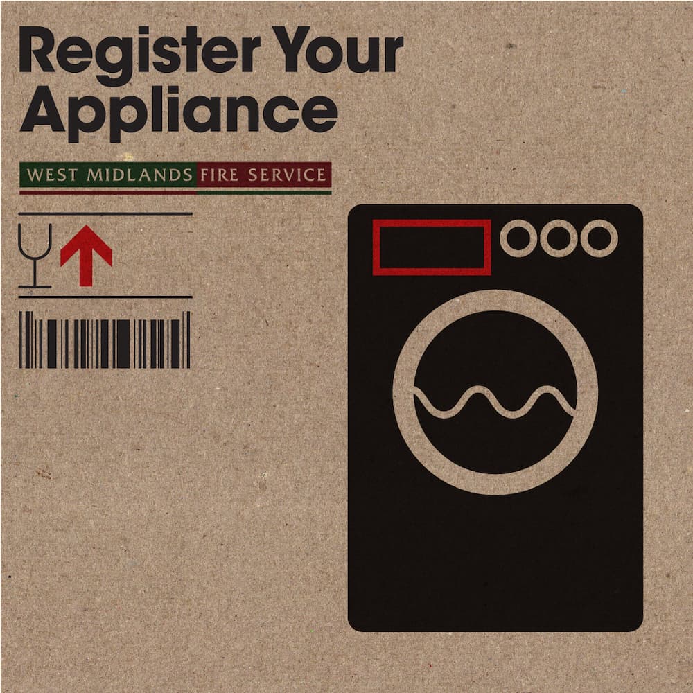 A graphic with a washing machine icon and register your appliance next to it above a bar code