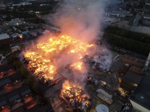 An aerial shot from our drone showing multiple paper and cardboard bales well alight