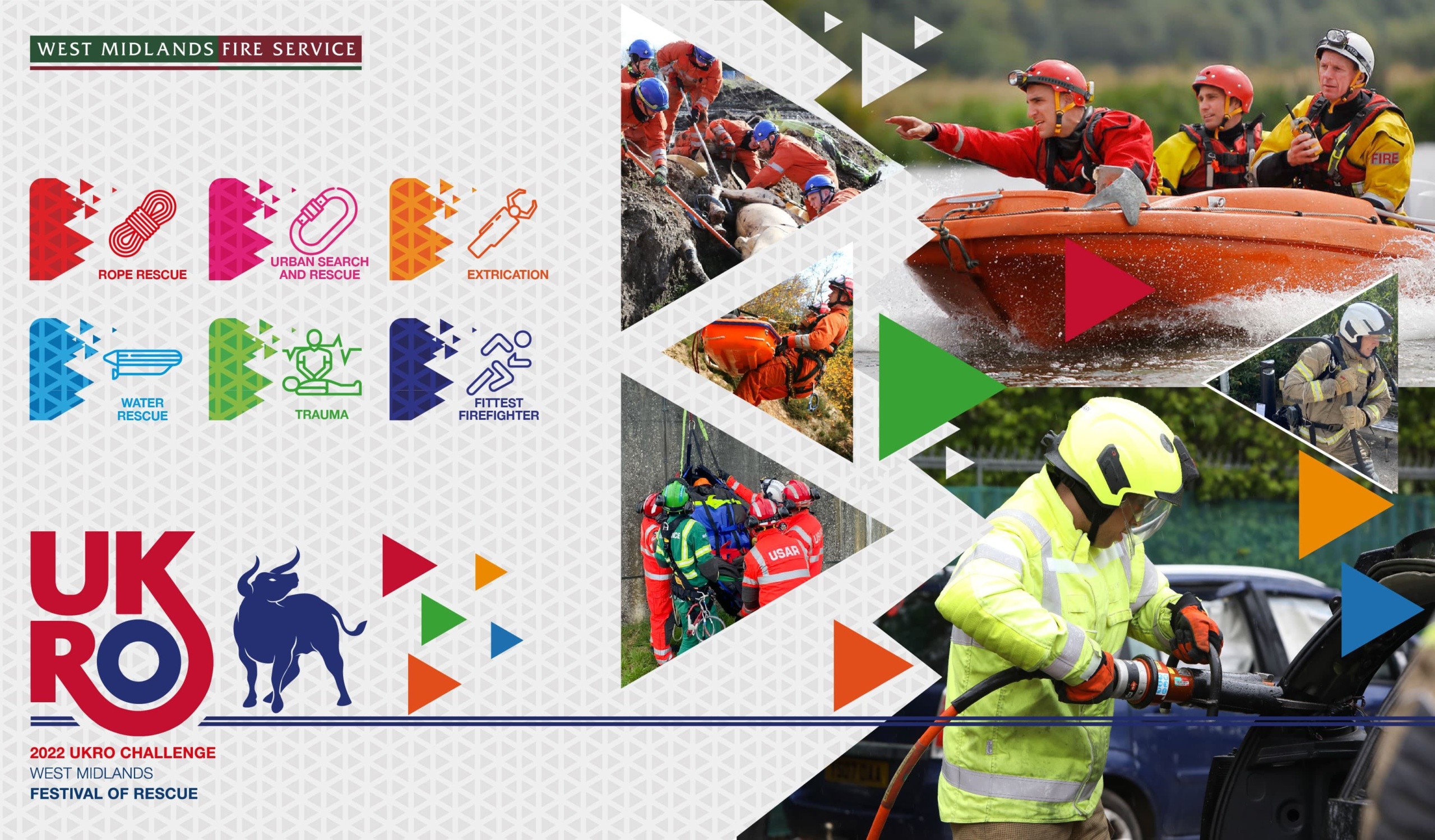 A montage of firefighters doing different rescue, water and extrication tasks with the UKRO logo and names of the 7 UKRO challenges.