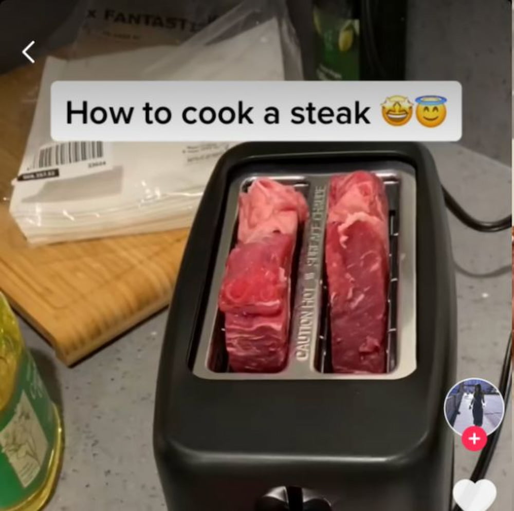 Two steaks in a toaster with 'How to cook a steak' written above