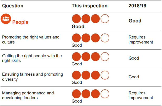 A chart showing gradings for inspection areas of people