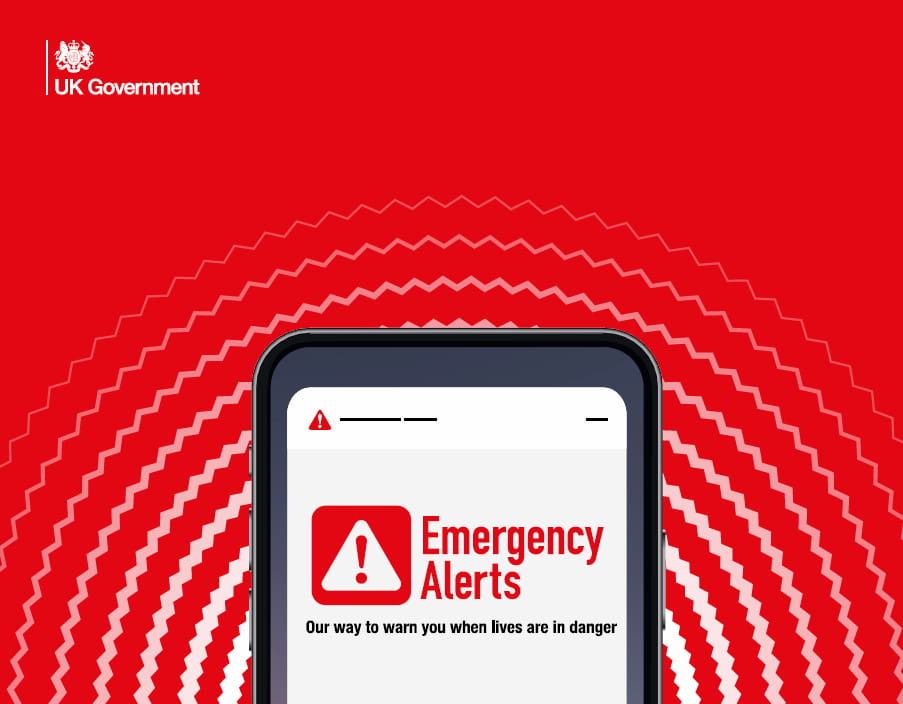 UK Emergency Alerts, showing a phone with an alert on.