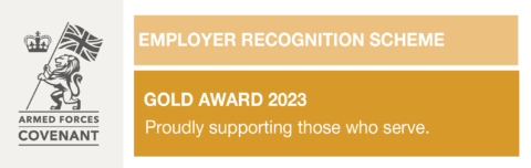 A landscape graphic with the Armed Forces Covenant crown, flag and lion logo (left) and (right) the words Employer Recognition Scheme. Gold Award 2023. Proudly supporting those who serve.
