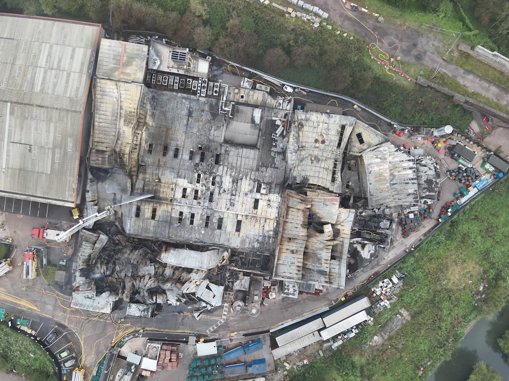 An aerial photograph of the Netherton Factory Fire.