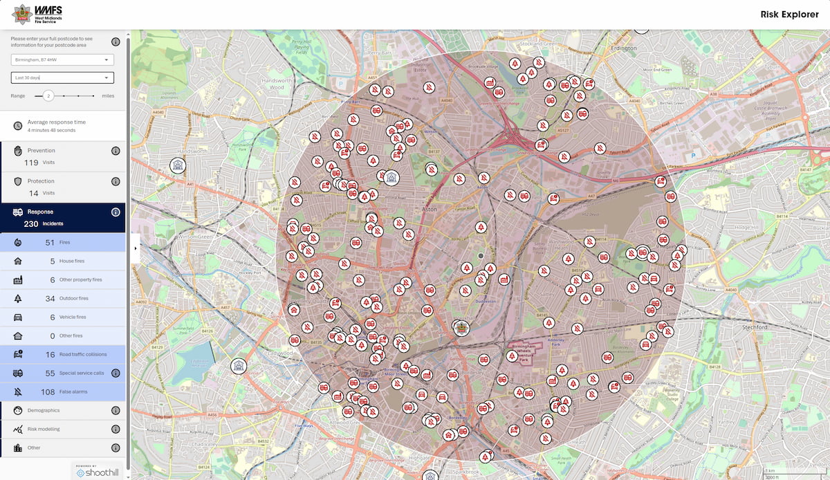 A screenshot of the risk explorer tool and map showing incidents in an area