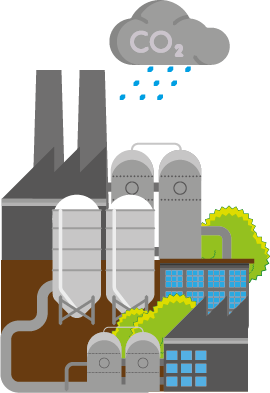 A graphic of a factory with trees and a cloud above it with CO2 written on it,