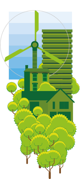 A graphic of some buildings and a wind turbine with some trees beneath